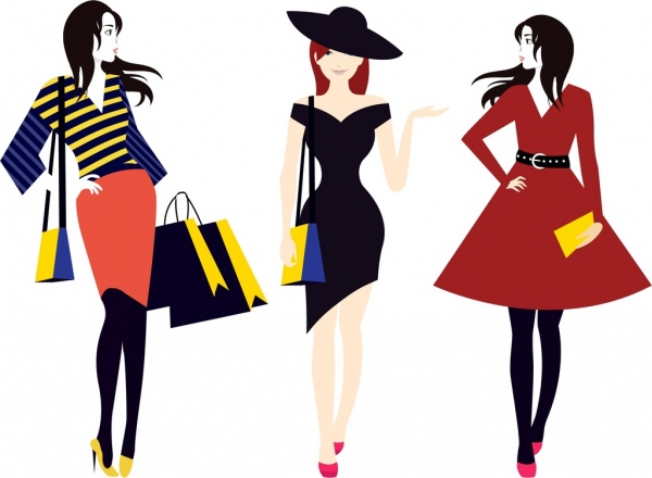 600x440 Fashionable Women Icons Colored Cartoon Design Free Vector