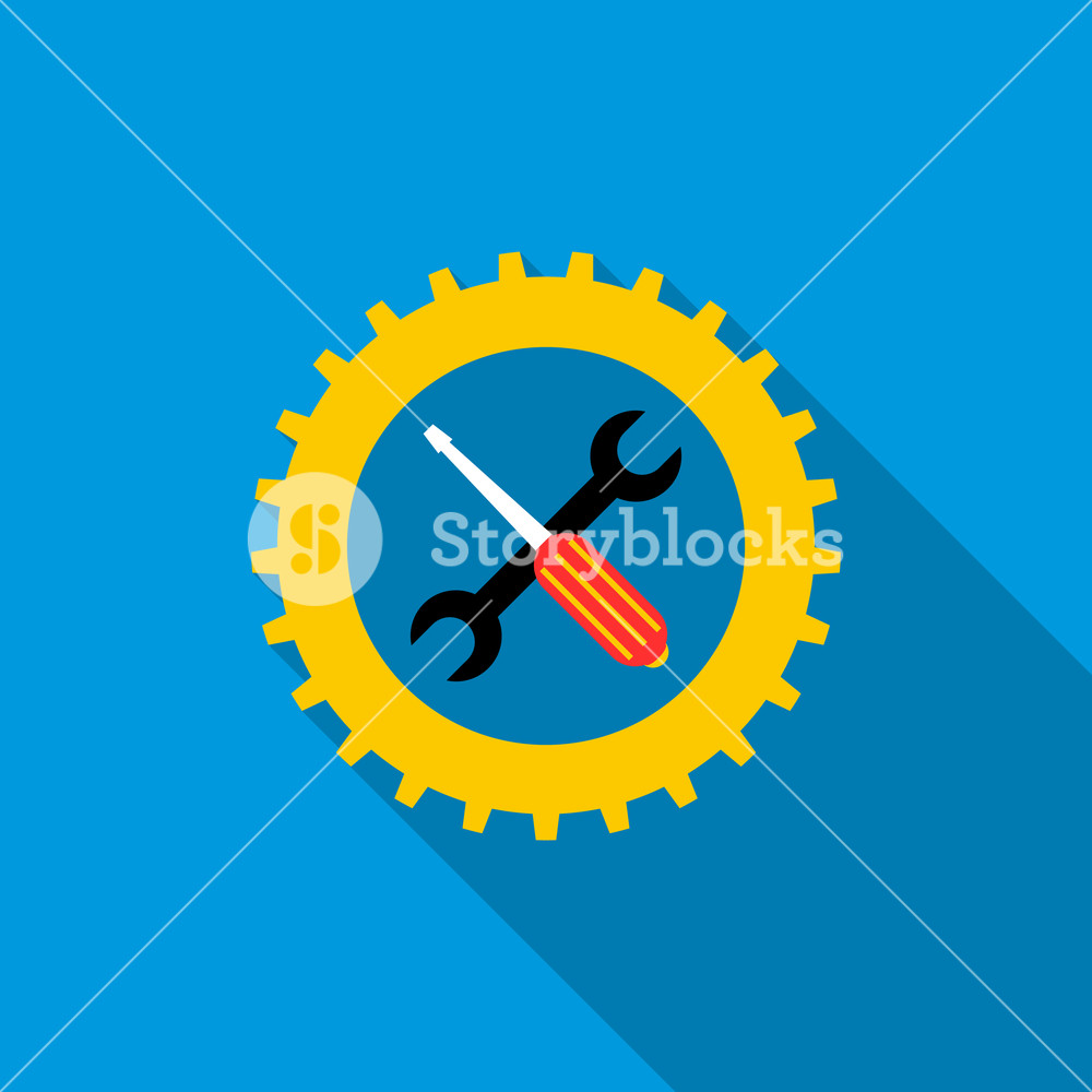 1000x1000 Gear Wheel, Wrench, And Screwdriver Icon In Flat Style On A Blue