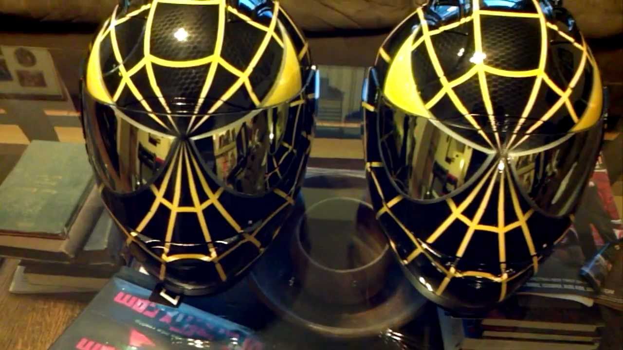 1280x720 Custom Painted Icon Spiderman Black And Yellow Helmets Airbrushed